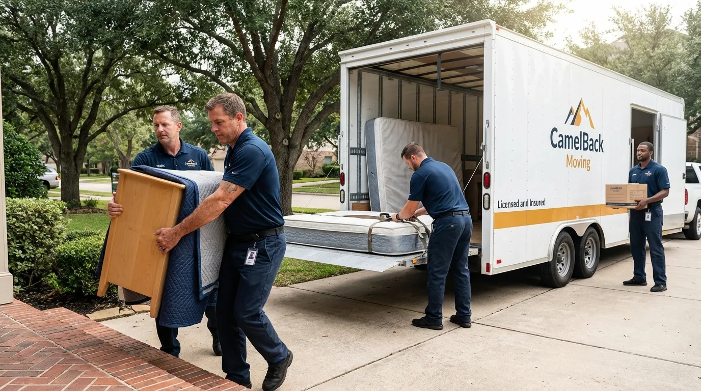 Crew loading residential truck for cross-state move from Bylas, AZ
