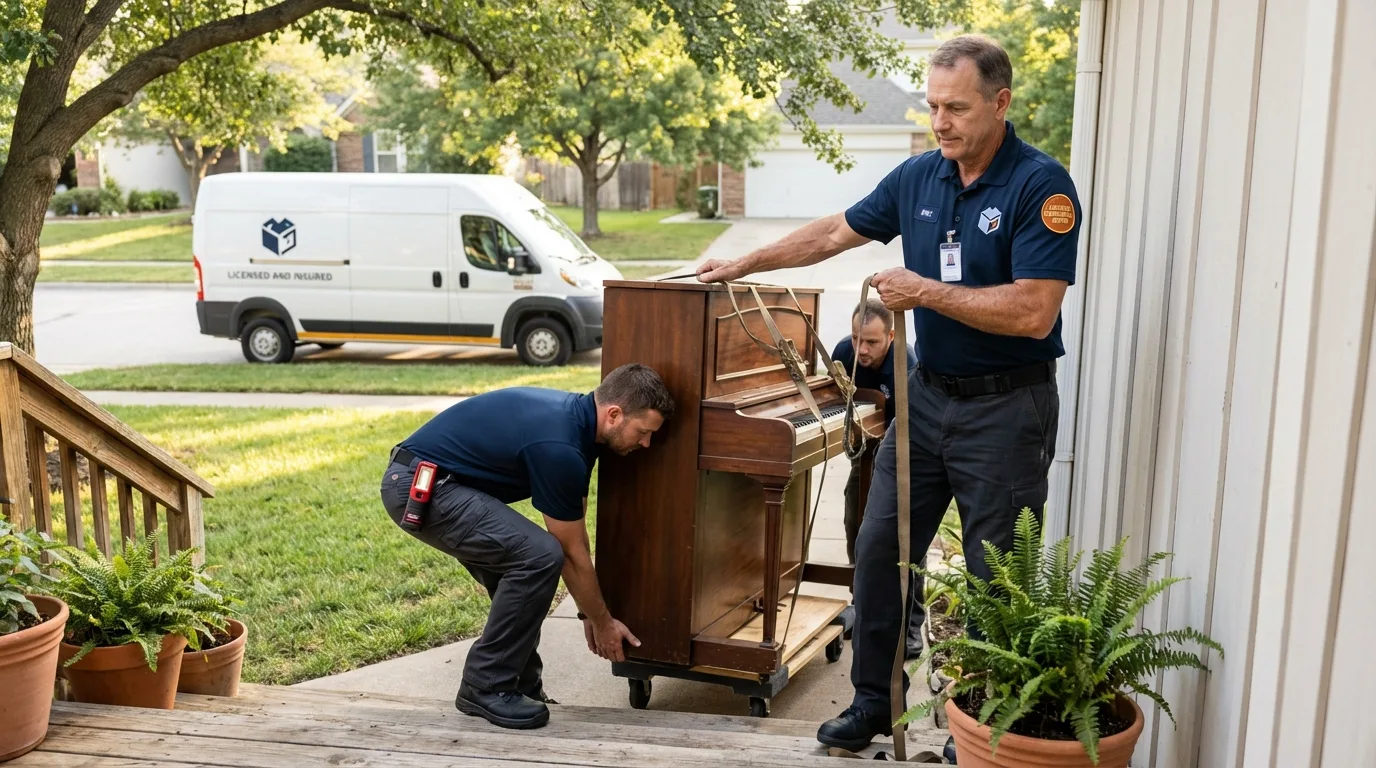 Licensed piano movers securing grand piano in Bylas, AZ
