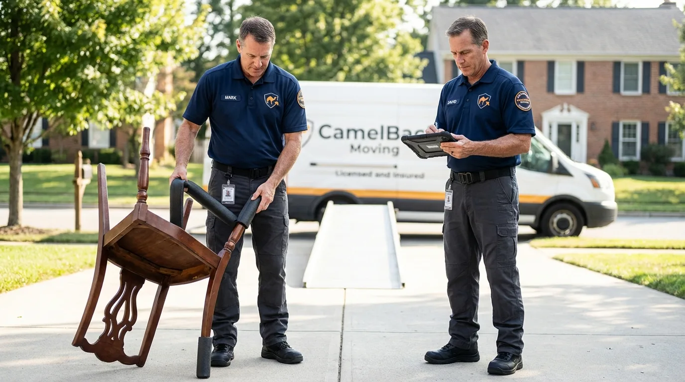 Movers inspecting furniture for damage prevention before loading in Bylas, AZ
